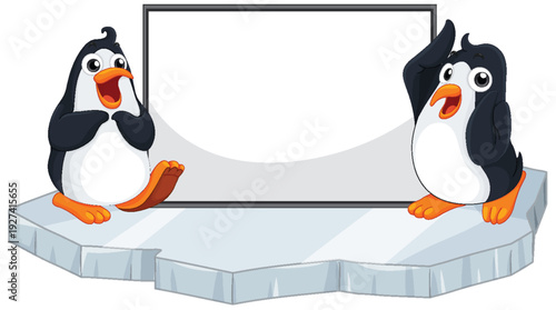 Two Cartoon Penguins Standing on Ice with a Blank White Sign