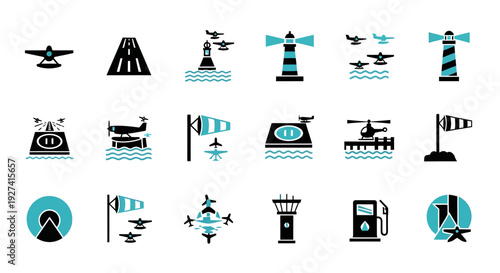 Aviation icons, airfield, seaplane, lighthouse. Silhouette airport symbols. Vector graphic icon set. Navigation equipment, nautical theme, black and teal.