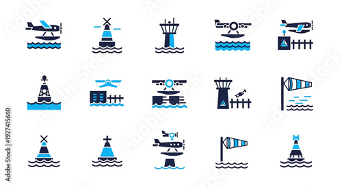 Seaplane base elements in glyph style, with plane, buoys, air traffic tower, windsock icons on isolated white background. Aviation design elements.