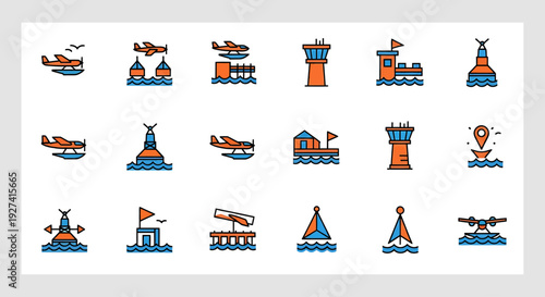 Collection of stylized seaplane base icons colorful flat design showing planes, control towers, and buoys representing aviation infrastucture.