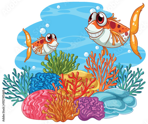 Cartoon Fish Swimming Over Colorful Coral Reef Under the Sea