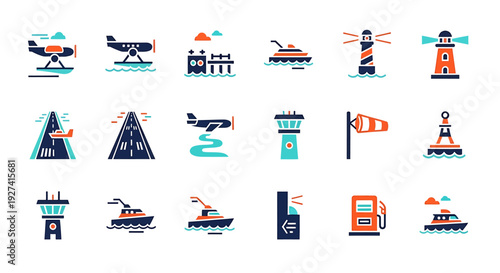 Set of flat icon designs showcasing maritime, nautical, and airport travel, logistics, and transport, using minimal design elements for clarity.