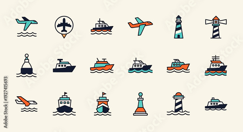 Various Transportation Icons Airplanes, ships, boats, and lighthouses, travel icons, vector illustration. Isolated icons on white background.