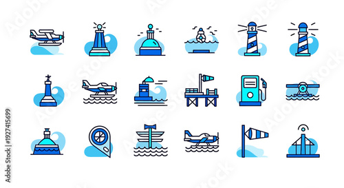 Diverse set of vector icons sea planes landing near lighthouses, harbor, navigation buoys and petrol stations, created with line art in bright and dark blue