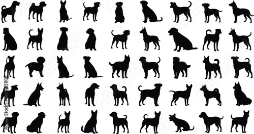 Large Vector Collection of Diverse Dog Breed Silhouettes Featuring Various Pedigree Pets Sitting Standing and Walking Isolated on White Background for Animal Graphic Design Projects