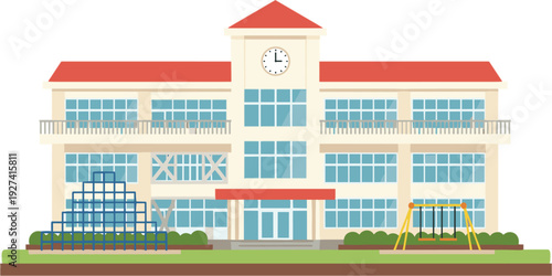 Flat vector illustration of a modern elementary school building featuring a red roof clock tower and school playground area