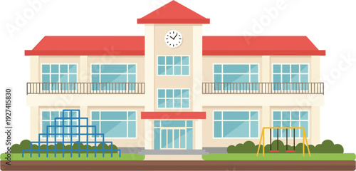 Flat vector illustration of a modern elementary school building with a red roof clock tower and colorful playground
