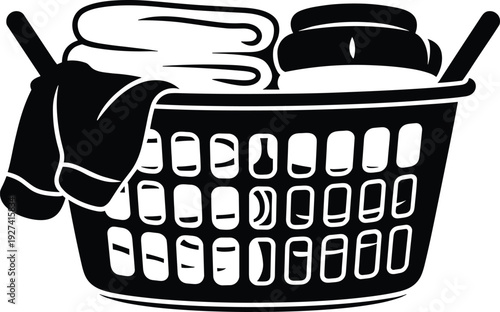 Laundry basket with folded towels and detergent bottle, black and white household illustration representing washing clothes, cleaning routine and domestic chores isolated on white background