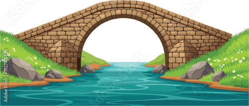 Flat vector illustration of a classic stone arch bridge spanning over a blue river with green grassy banks