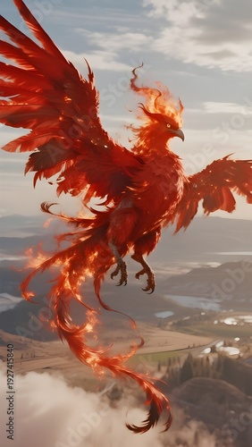 A majestic fiery phoenix rises high above the mountains, its blazing wings and tail feathers glowing like living flames.