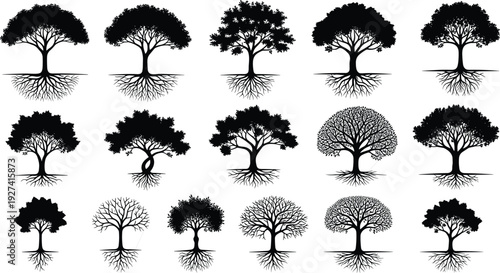 Life tree silhouette vector icon set with roots and branches for nature logo design environmental conservation ecology symbols and spiritual growth ancestry family tree illustrations