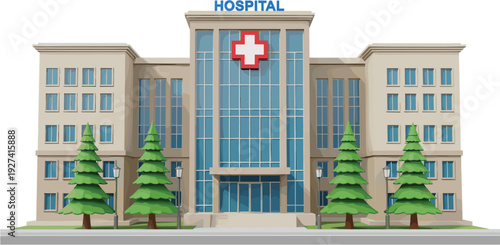 Modern flat vector illustration of a contemporary hospital building featuring a large red medical cross and pine trees