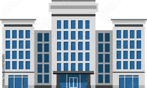 Modern grey and blue flat vector illustration of a contemporary office building or corporate headquarters with large glass windows