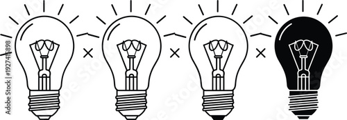 Line art collection of light bulbs showing creative thinking and business ideas with one glowing lamp isolated on white background for innovation and inspiration
