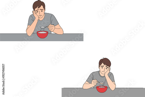 Sad and lonely young man sitting at table eating meal alone with bored expression flat vector illustration isolated on white