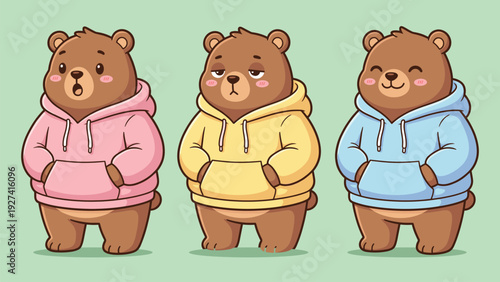Three Cute Cartoon Bears Wearing Colorful Pastel Hoodies