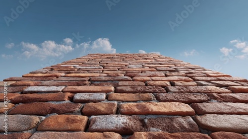 A Close-Up View of Textured Brick Wall Under a Blue Sky with Soft Clouds Creating a Peaceful and Rustic Atmosphere for Design and Art Projects