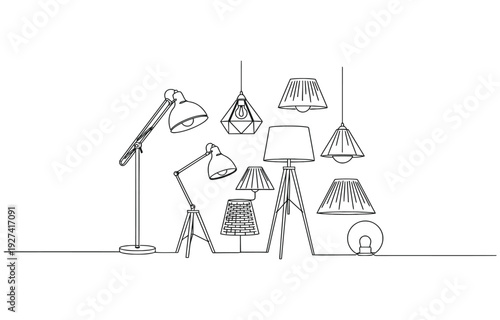 Set of loft lamps and iron lampshades in one line drawing.