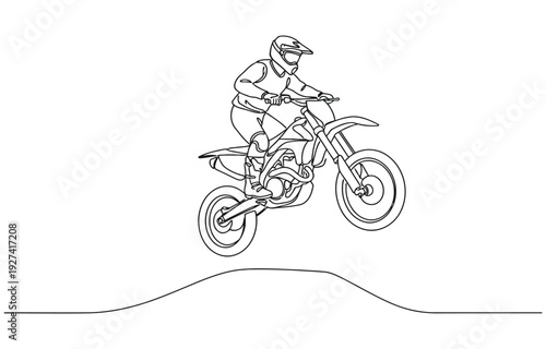 One continuous line drawing of young motocross rider climb mound of land at race track.