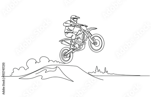 One continuous line drawing of young motocross rider climb mound of land at race track.