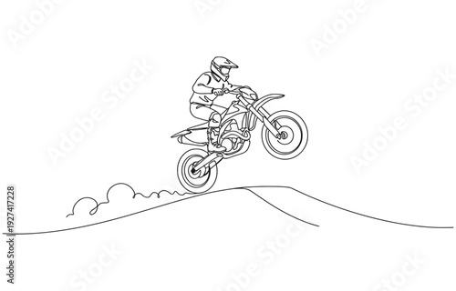 One continuous line drawing of young motocross rider climb mound of land at race track.