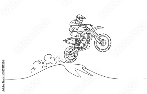 One continuous line drawing of young motocross rider climb mound of land at race track.