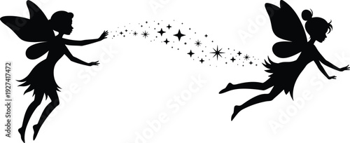Magical fairy silhouettes flying and casting sparkling stardust trail, fantasy winged pixie characters in flight isolated on white background, enchanting mythical illustration