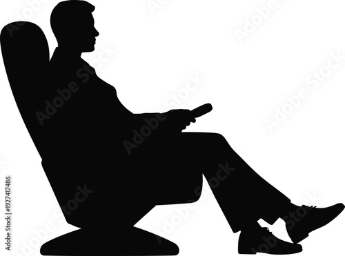 Man sitting in armchair holding remote control, relaxed male silhouette isolated on light background, leisure time and home entertainment concept vector illustration