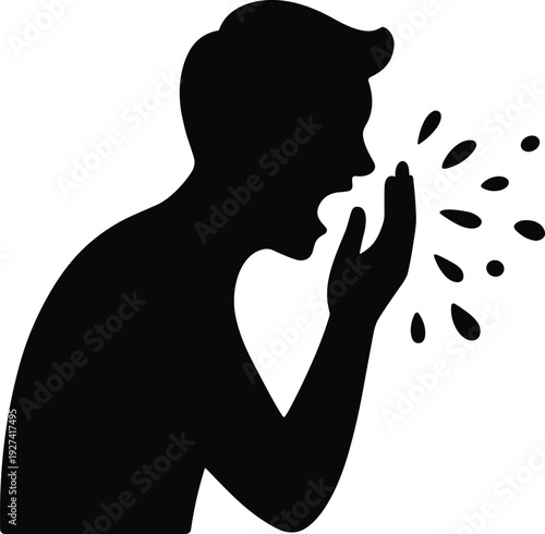 Man sneezing silhouette covering mouth with hand, flu or cold symptom concept isolated on light background, healthcare and illness awareness vector illustration