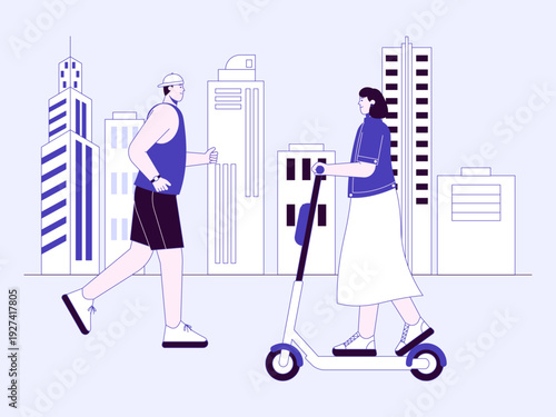 Two people engaged in active city life, a man jogging and a woman riding an electric kick scooter. City life illustrations. Flat vector concepts.