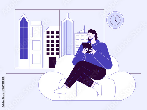 A woman relaxes at home while reading an e-book or surfing the internet on a tablet. City life illustrations. Flat vector concepts.