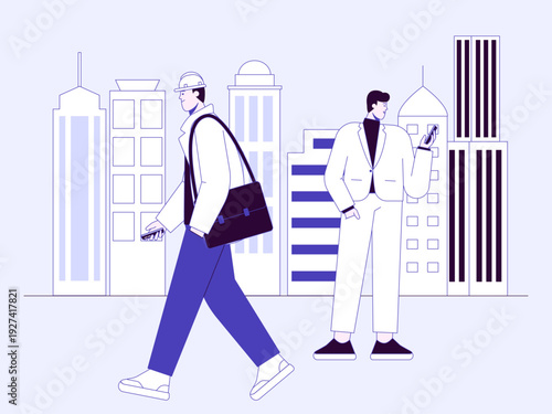 A person is wearing a suit and looking at a smartphone, one character is walking while carrying a bag. City life illustrations. Flat vector concepts.