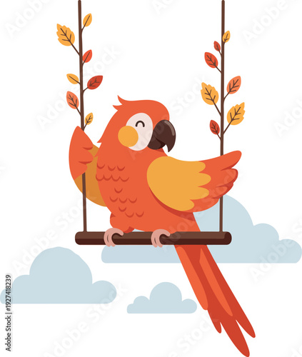 Happy Orange Parrot Swinging on a Branch with Autumn Leaves Clouds