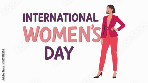 International Women's Day A confident woman in pink business attire celebrating International Women's Day