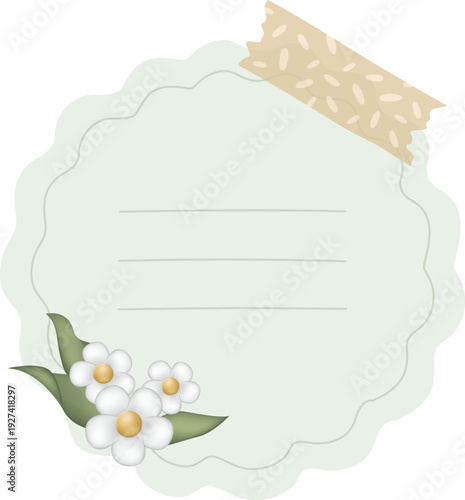A floral decorative frame with a blank space for text adorned with flowers and patterned washi tape accents