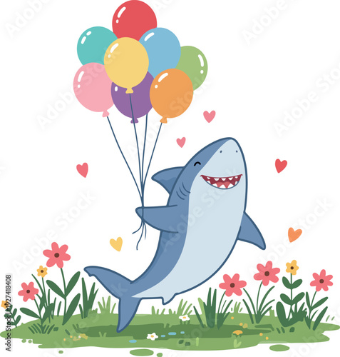 Happy Shark Flying With Colorful Balloons In A Floral Field Minimal Illustration