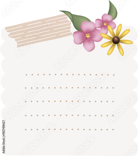 A floral decorative frame with a blank space for text adorned with flowers and patterned washi tape accents