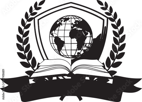 Symbolic black and white crest featuring an open book, globe, and hands within a shield, framed by a laurel wreath and banner.