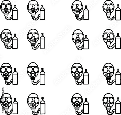 Collection of industrial gas mask and oxygen tank icons in black line art style for safety protection emergency response and hazardous environment design