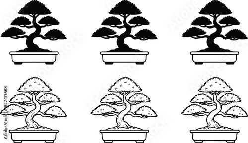 Collection of traditional Japanese bonsai tree icons in black silhouette and detailed line art styles for Zen meditation nature gardening and oriental cultural design