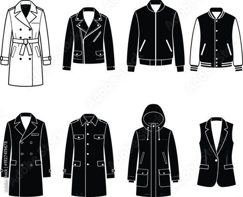 Collection of various men's outerwear icons including trench coat leather jacket bomber and parka in black silhouette and line art for fashion design