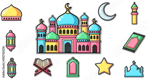 Colorful cartoon Islamic symbols including a mosque, crescent moon, lanterns, prayer mat, and Quran on a white background.