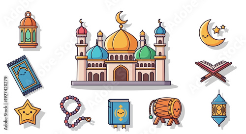 A collection of colorful cartoon-style Islamic and Ramadan icons, including a mosque, crescent moon, prayer mat, Quran, lanterns, prayer beads, and a drum.