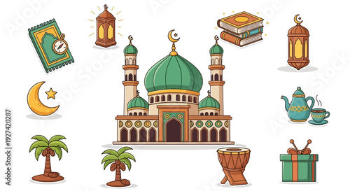 A charming cartoon camel stands beside a beautifully decorated tent under a starry night sky with a crescent moon and glowing lanterns, evoking a festive Middle Eastern atmosphere.