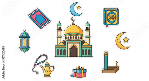 Collection of Islamic religious symbols and items for Ramadan and Eid celebrations, including a mosque, Quran, prayer mat, lantern, and crescent moons.
