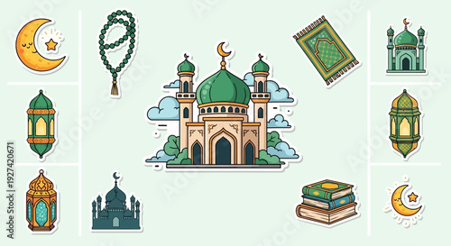 Collection of Islamic religious symbols and elements including a mosque, crescent moon, prayer beads, lanterns, and books, depicted as colorful stickers.
