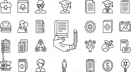 Business training outline icon collection. Includes briefcase, calendar, user, graduation cap, document, book, gear, and money symbols. Created in black and white line art style with a