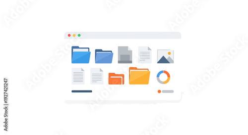 Digital interface displaying folders and documents on a white background