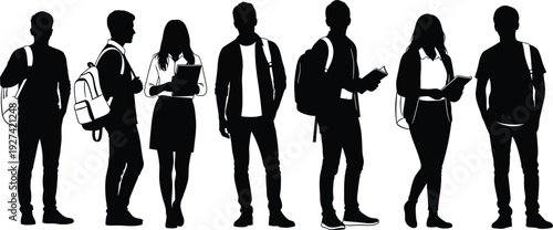Large group of diverse college students silhouettes standing together with backpacks and books isolated on white background for campus life