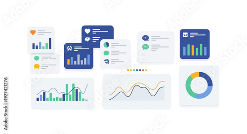 Abstract data visualization of business charts and graphs on white background